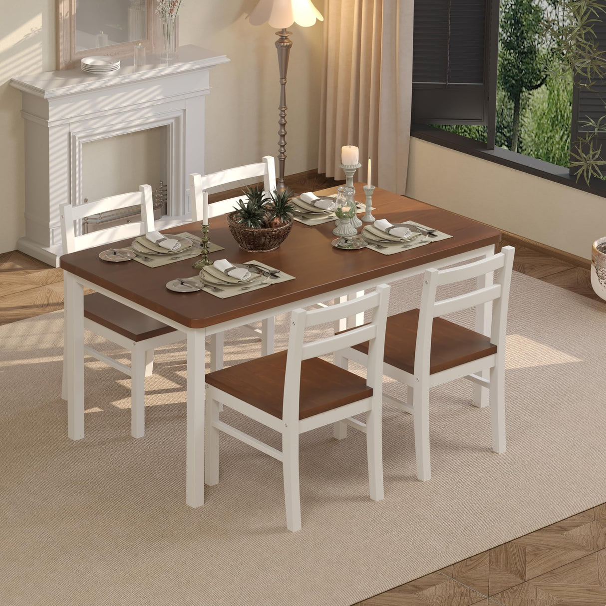 Orweiin Solid Wood Dining Table Set for 4, Farmhouse Rectangular Table and 4 Chairs Set for Kitchen, Living Room, Dining Room, Breakfast Nook, Natural+White Orweiin