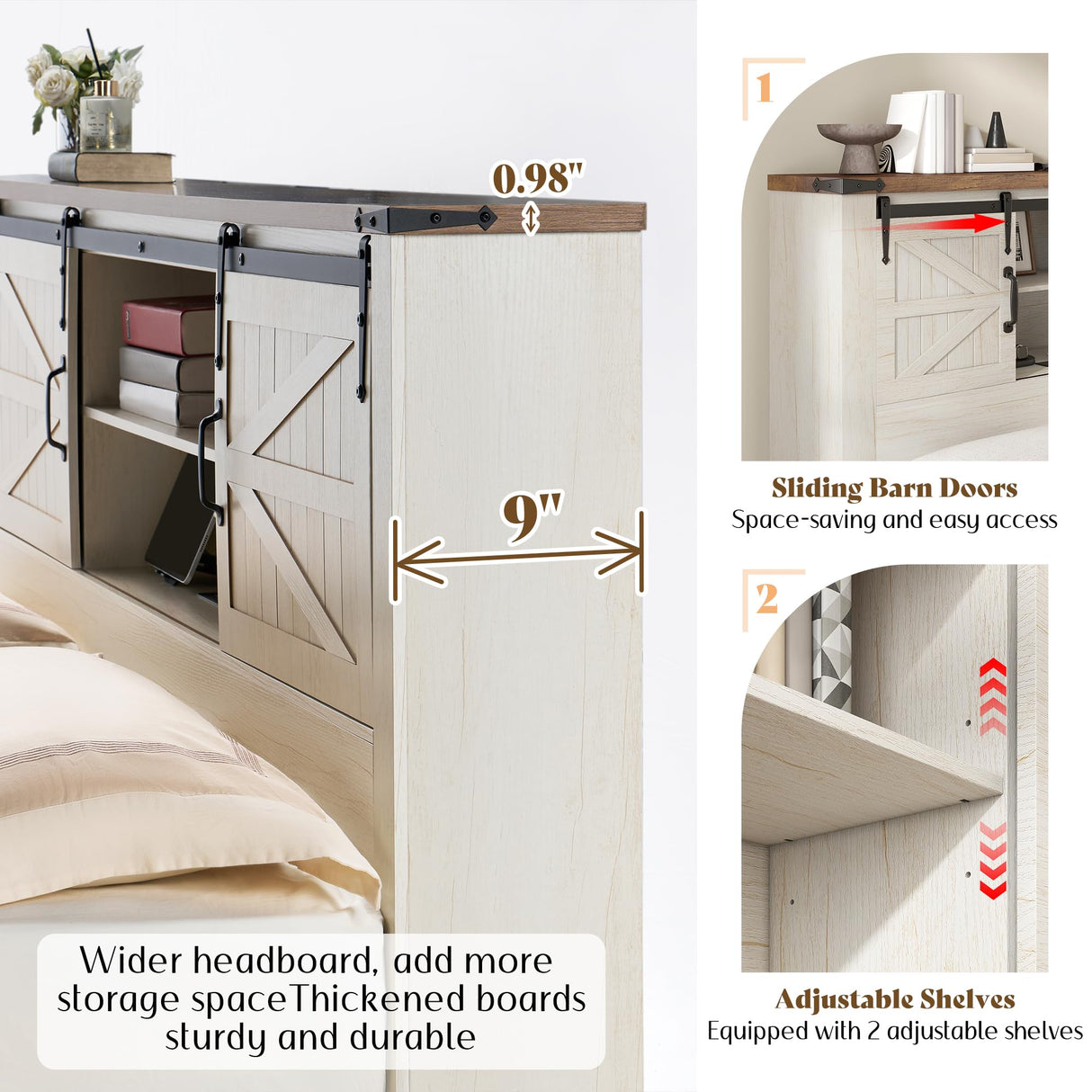 AMERLIFE Farmhouse Full Bed Frame, Rustic Wood Platform Bed Barn Door Storage Bookcase Headboard & Charging Station, Bedroom Furniture, No Box Spring Needed, Antique White AMERLIFE