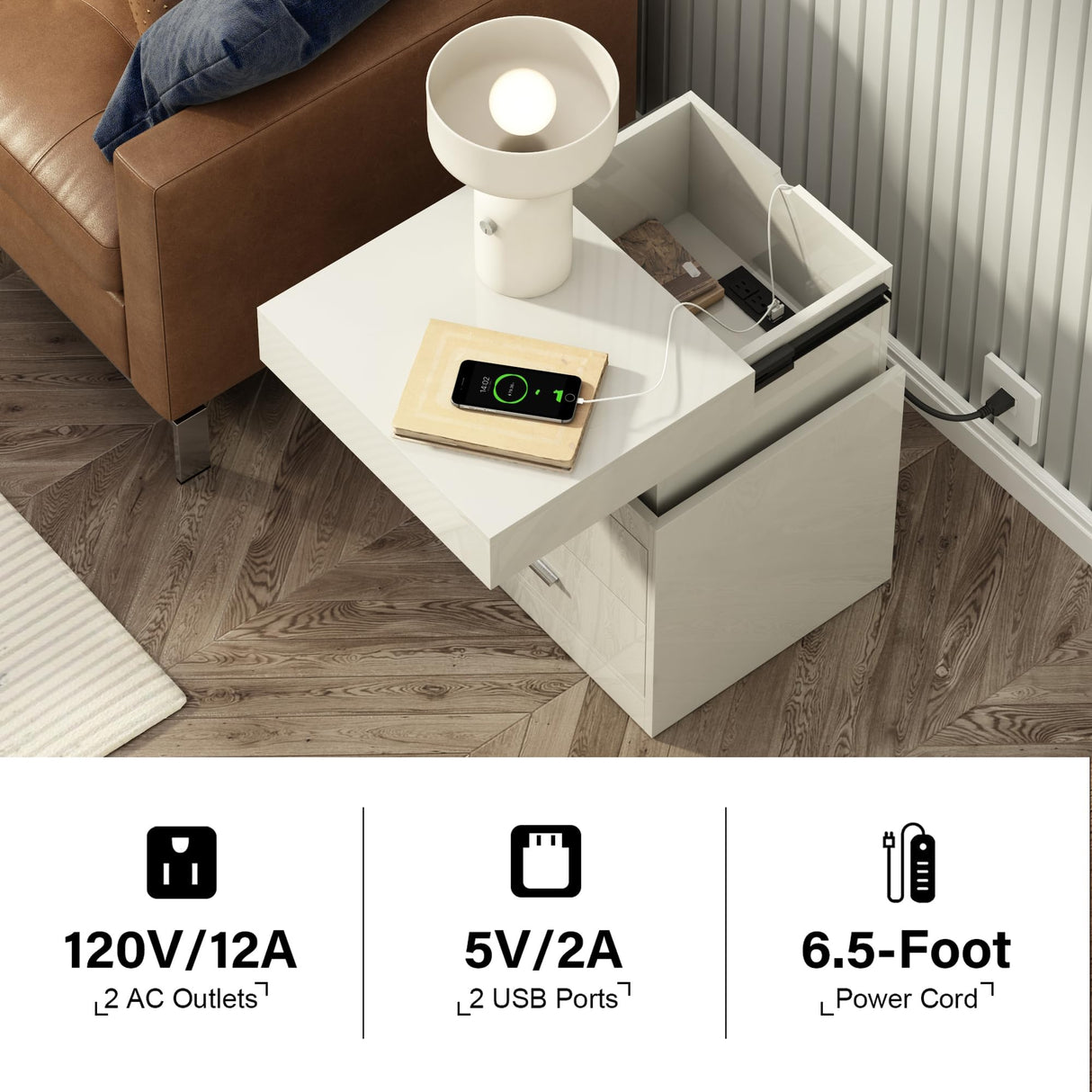 ChooChoo LED Nightstand with Charging Station, Smart Night Stand with Sliding Top Storage, 2-Drawers High Gloss Bedside Table, Modern End Table for Bedroom,White ChooChoo