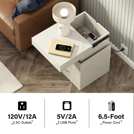 ChooChoo LED Nightstand with Charging Station, Smart Night Stand with Sliding Top Storage, 2-Drawers High Gloss Bedside Table, Modern End Table for Bedroom,White ChooChoo