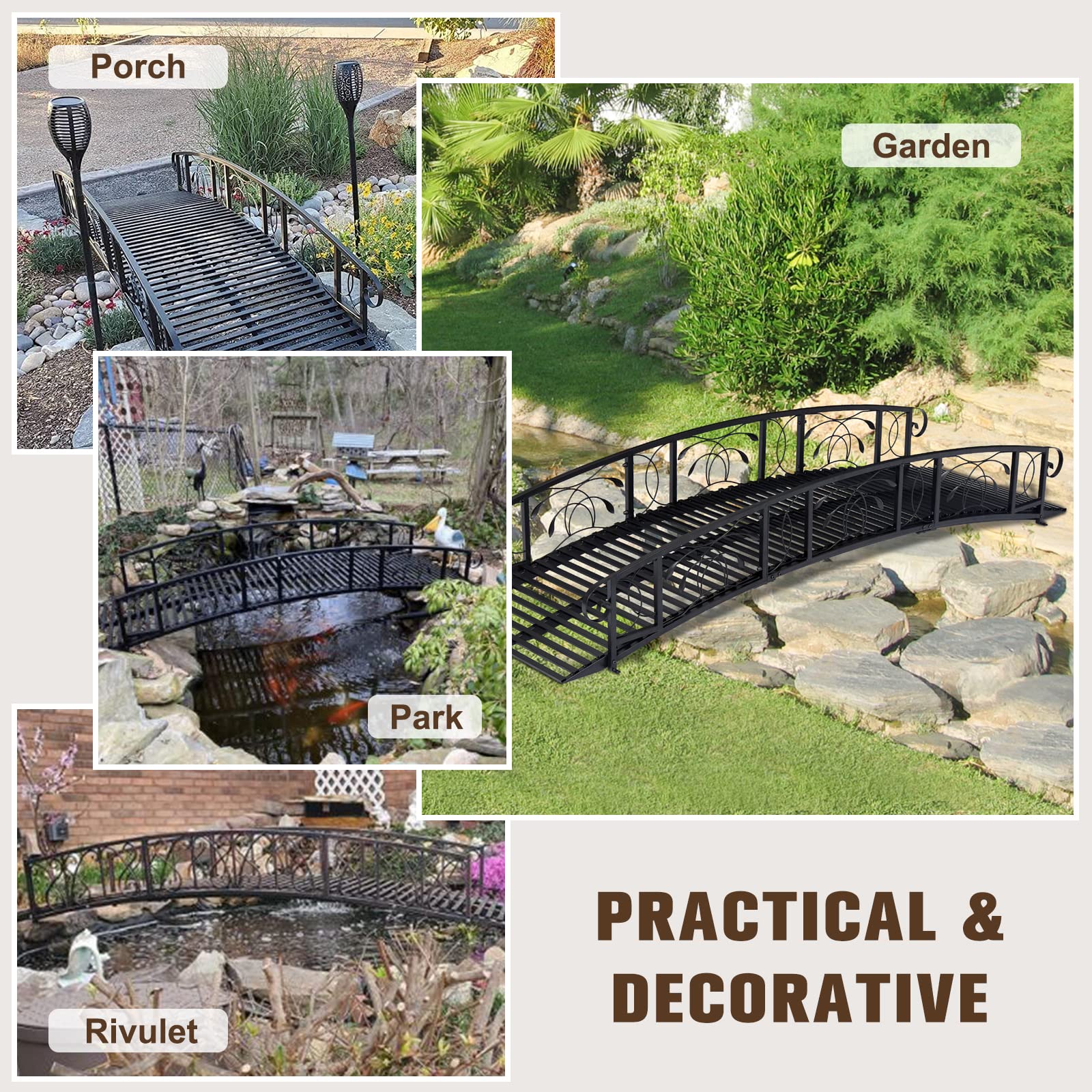 Kinsunny 8 Ft Metal Garden Bridge with 2 Safety Patterned Siderails Outdoor Decorative Iron Garden Arch Footbridge for Pond, Creek, Stream - WoodArtSupply