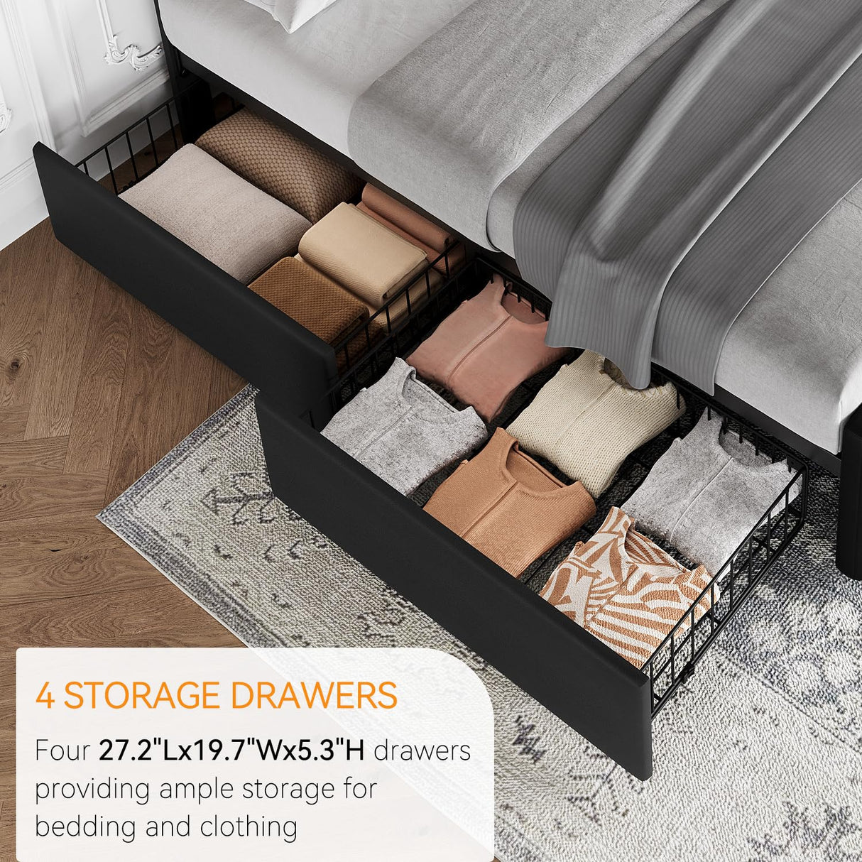 GarveeHome King Size Bed Frame with 4 Storage Drawers and Faux Leather Upholstered Headboard, Wooden Slats Support, Button Tufted Design, No Box Spring Needed, Black GarveeHome