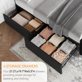 GarveeHome King Size Bed Frame with 4 Storage Drawers and Faux Leather Upholstered Headboard, Wooden Slats Support, Button Tufted Design, No Box Spring Needed, Black GarveeHome