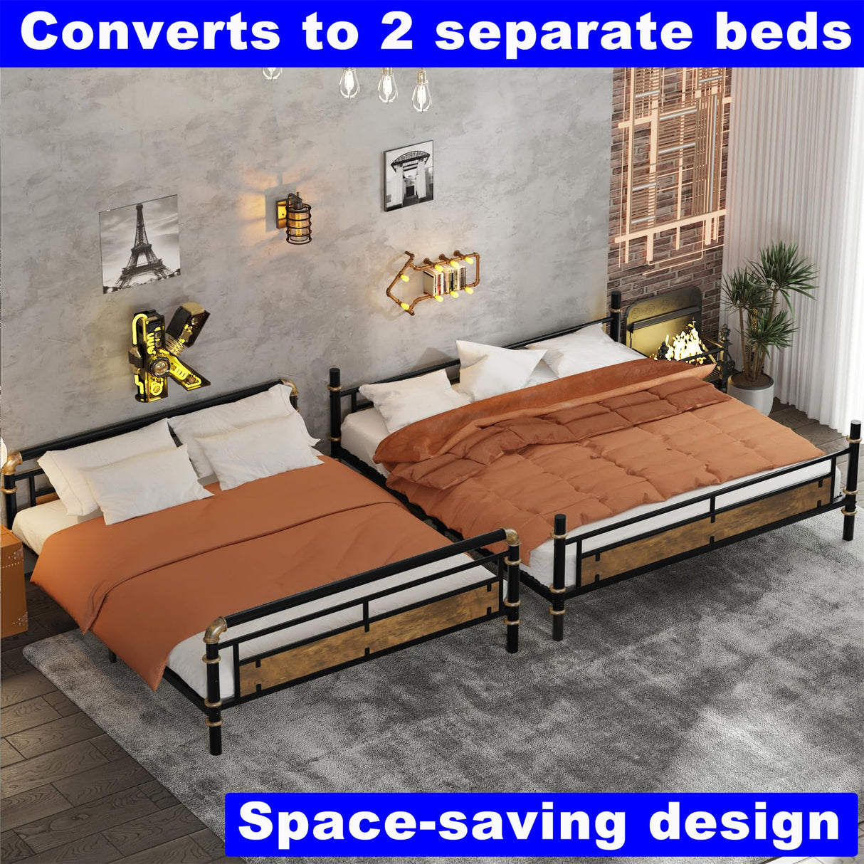 LEEKOUS Upgraded Version Thicken Metal Full XL Over Queen Bunk Bed, Best Industrial Style Heavy Duty Full Over Queen Size Bunk Bed, Convertible into 2 Beds Wood Board, Water Pipe Design for Adults LEEKOUS