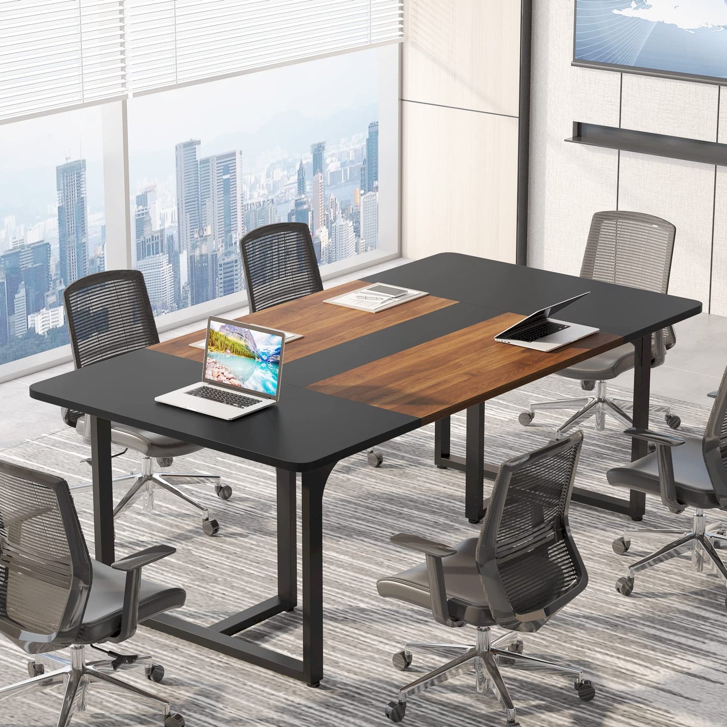 Tribesigns 6FT Conference Table, 70.8" Meeting Seminar Table up for 8 People, Business Style Large Office Conference Room Table Boardroom Desk with Strong Metal Legs - WoodArtSupply