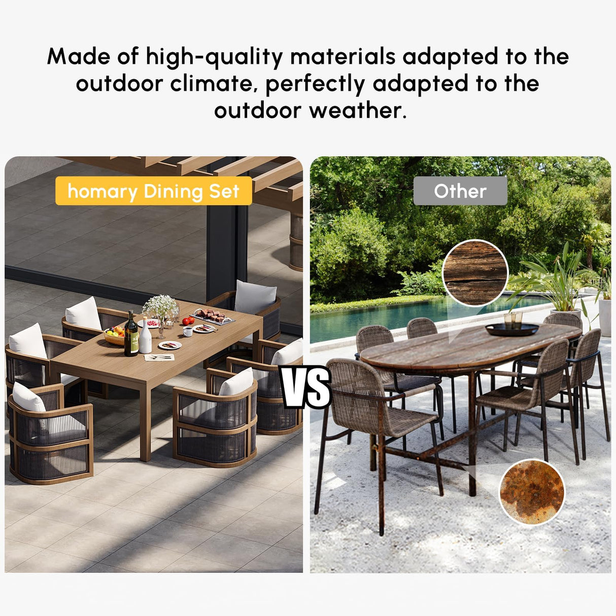 homary 7 Piece Outdoor Patio Dining Table Set, Weather Resistant Outdoor Dining Table Set with Aluminum Top Dining Table and 6 Woven Arm Chairs with Cushions for Backyard, Patio or Deck, Natural homary