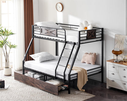 VINGLI Bunk Bed Twin Over Full Size with 2 Storage Drawers/Flat Rungs/Inclined Ladder, Heavy Duty Metal Slat Support, No Box Spring Needed, Black/Industrial Brown