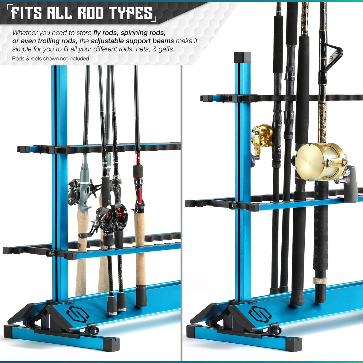 Savior Equipment Fishing Rod Rack Holder Organizer, Lightweight Aluminum Vertical Fish Pole Garage Storage Ground Display Stand, Hold Up to 24 Slots Fresh Salt Water Spinning Rods & Reel Combo, Blue Savior Equipment
