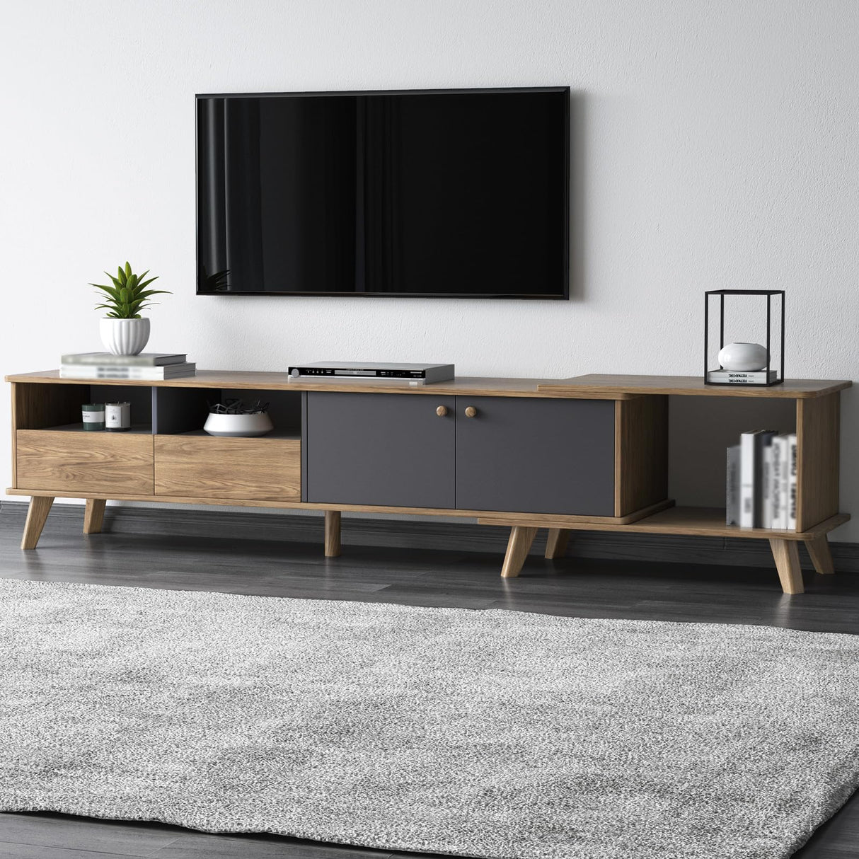 GlimBiz Extendable TV Stand, Mid Century Modern TV Stand for 55/60/65 inch TV, Farmhouse TV Stand, Entertainment Center with Storage, TV and Media Consol for Living Room GlimBiz