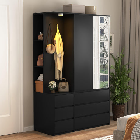 Modern Wardrobe Closet with Mirror & Integrated LED Light, 6 Drawers & Ample Hanging Storage, Multi-Functional Armoire for Bedroom-Black Rumiiro
