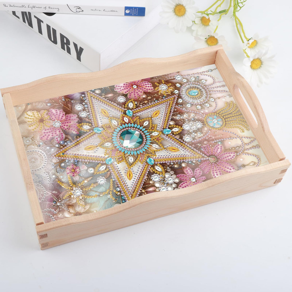 DIY Diamond Art Tray with Handle Diamond Art Painting Plate Creative Design Handmade Wooden Tray Mosaic Making Kits by Number Kits Diamond Art for Coffee Living Room Home Organizer (Five-Pointed Star) AiYuanzsh
