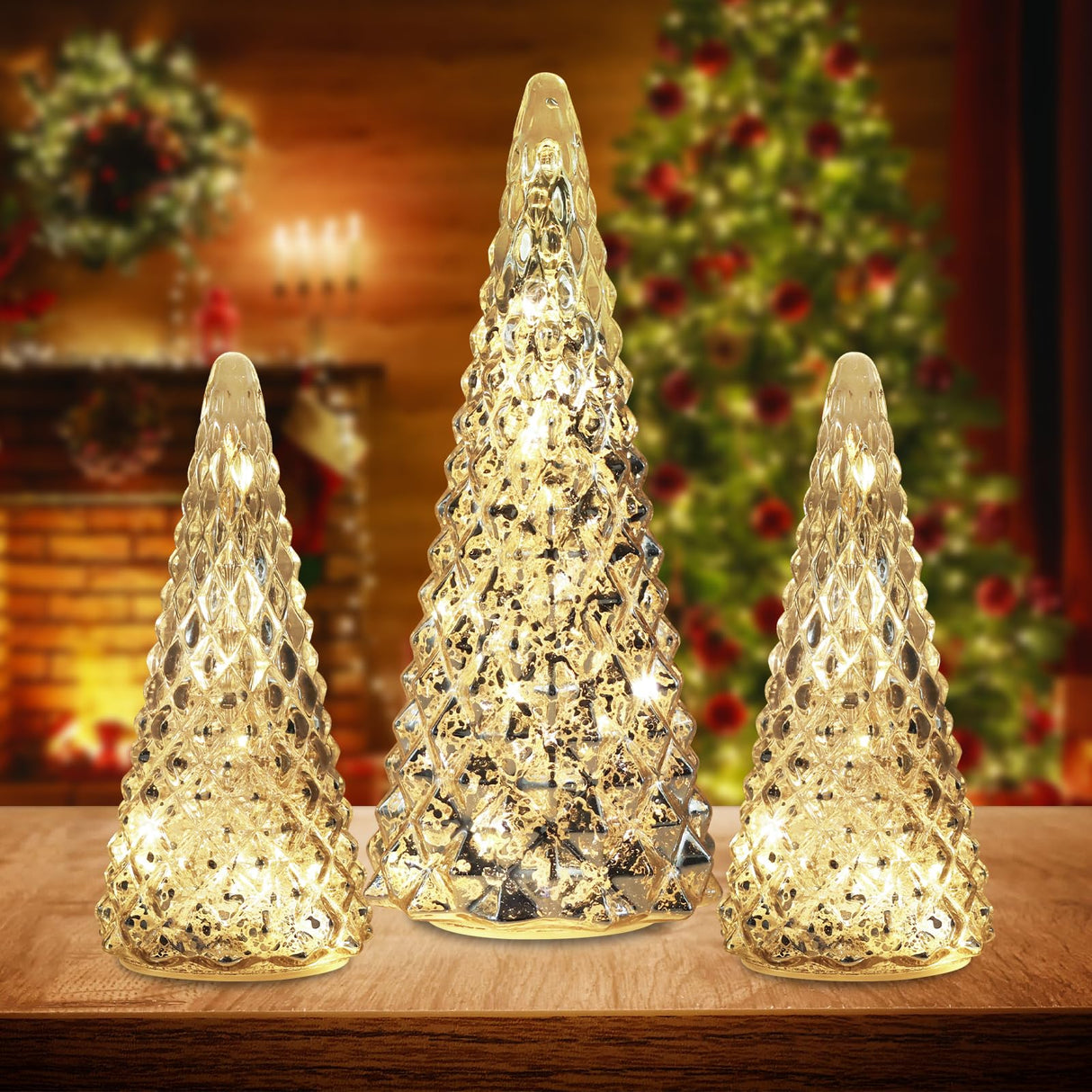 Christmas Decorations Indoor, YEAHOME Set of 3 Pre-lit Gold Glass Christmas Tree for Home Decor, Christmas Table Decorations Lighted Xmas Tree with Timer for Living Room Mantel Tabletop Party YEAHOME