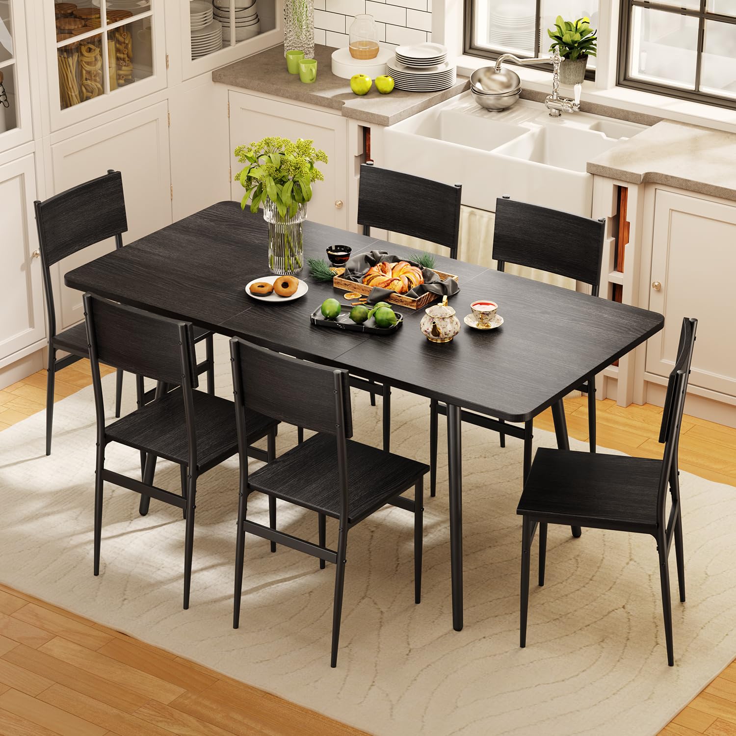 QSun Qsun 7-Piece Dining Table for 4-6, 63'' Large Extendable Kitchen Table Set with 6 Chairs, Dining Table Set for Kitchen, Dining Room and Restaurant, Black - WoodArtSupply