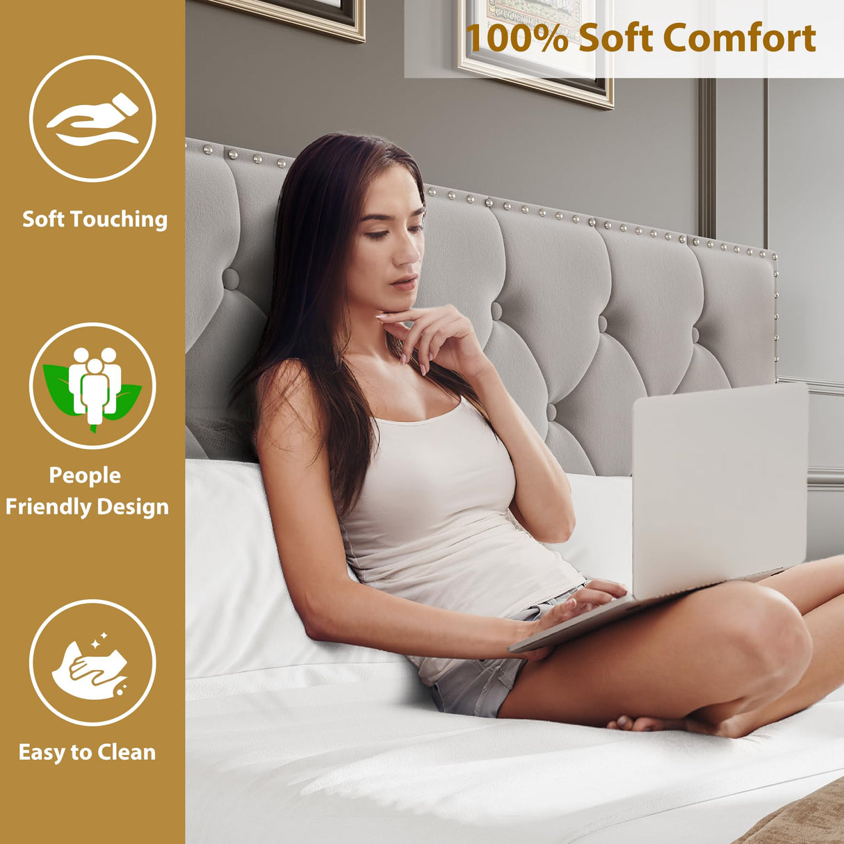 GarveeHome Upholstered Full Size Bed Frame with 2 Storage Drawers, Velvet Platform Bed Frame with Button Tufted Rivets Headboard, Heavy Duty, No Box Spring Needed, Easy Assembly, Beige GarveeHome