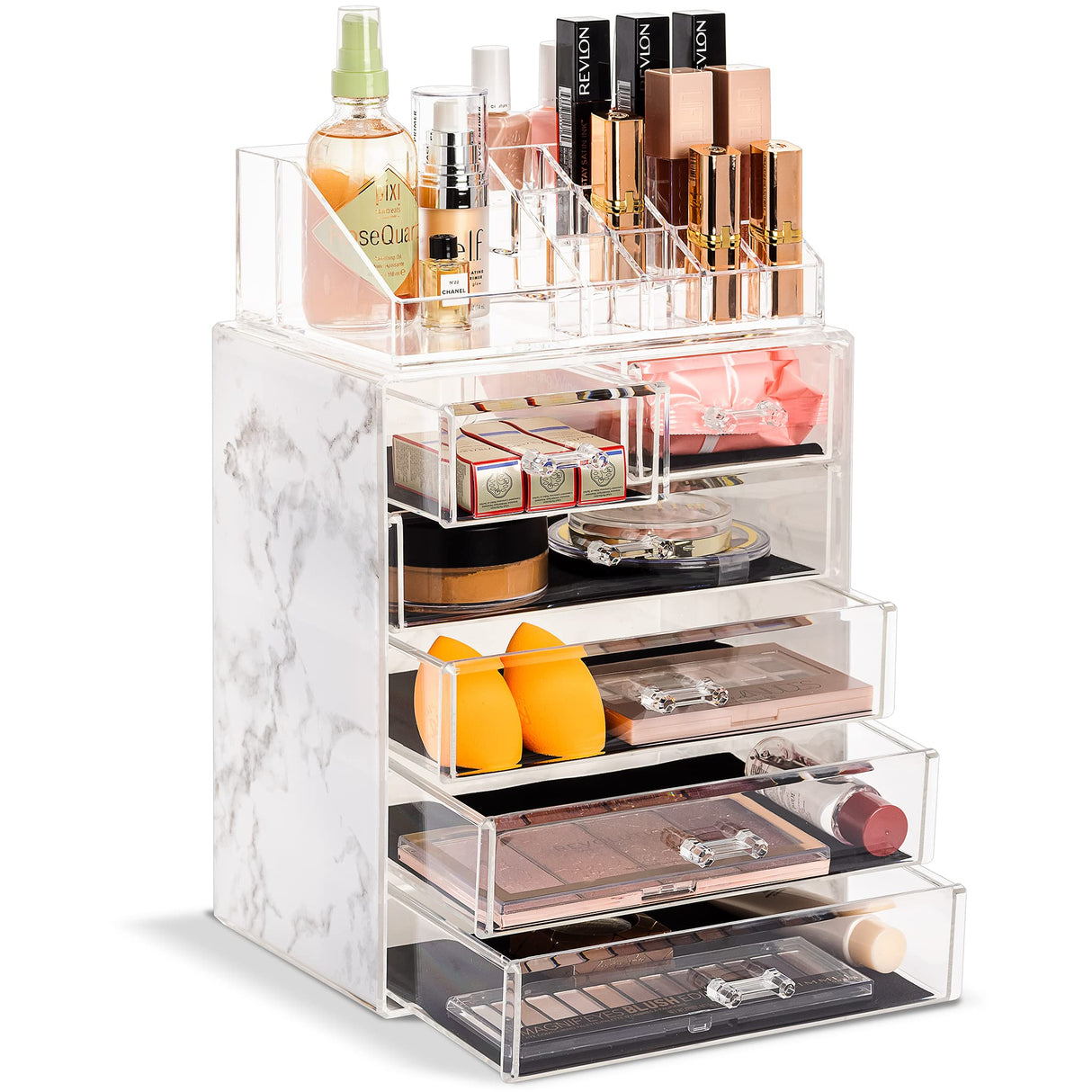 Sorbus Clear Cosmetic Makeup Organizer - Make Up & Jewelry Storage, Case & Display - Spacious Design - Great Holder for Dresser, Bathroom, Vanity & Countertop (4 Large, 2 Small Drawers - Marble Print) Sorbus