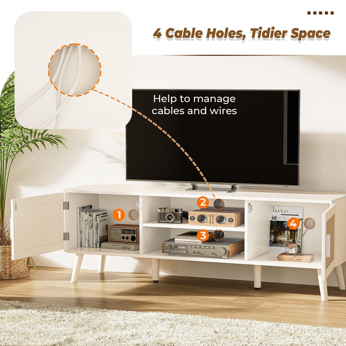 SUPERJARE 65 Inch TV Stand, Entertainment Center with Adjustable Shelf, Rattan TV Console with 2 Cabinets, Media Console, Solid Wood Feet, 4 Cord Holes, for Living Room, White SUPERJARE