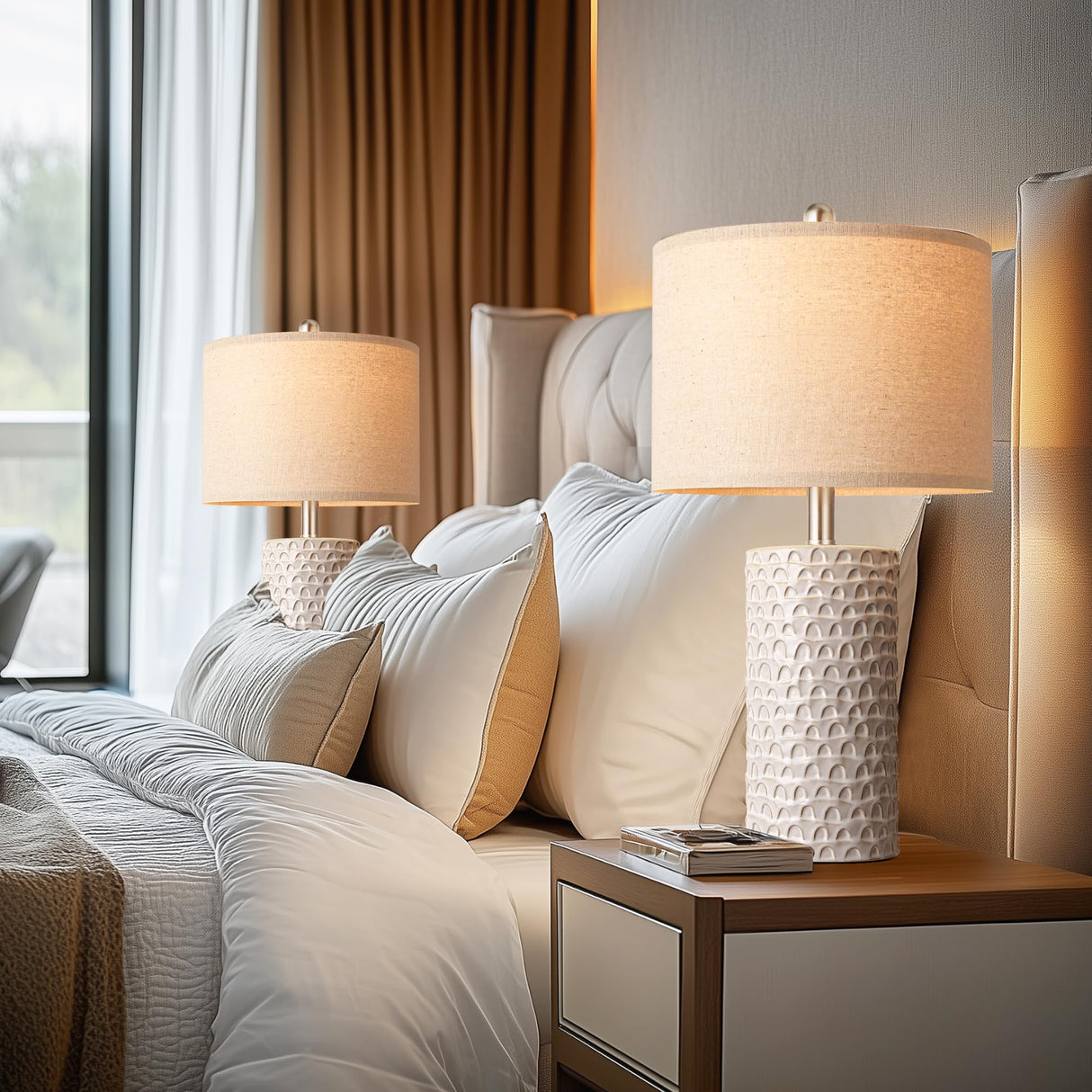 PARTPHONER 23" Modern Ceramic Table Lamp Set of 2, Table Lamps for Living Room, Rustic Farmhouse Bedside Lamps Nightstand lamp for Bedroom, White Desk Lamp for End Table Home Decor Beige PARTPHONER