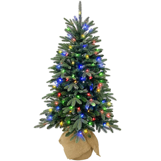 Hykolity 4 ft Prelit Christmas Tree with 643 PE & PVC Realistic Branch Tips, Artificial Decorated Burlap Christmas Tree with 150 Color Changing LED Lights, 10 Color Modes