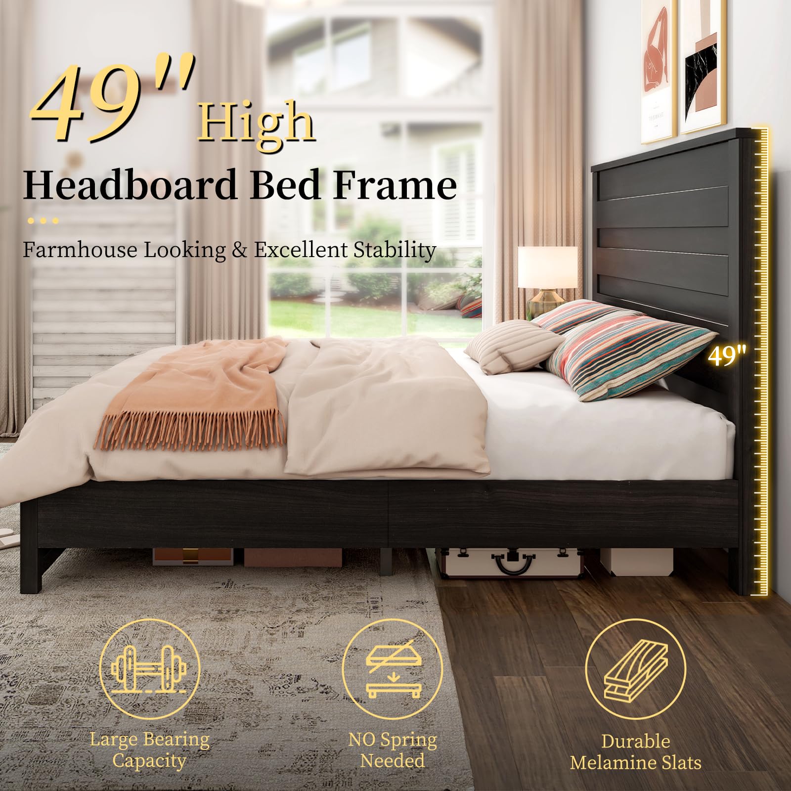 LUXOAK Farmhouse King Bed Frame with 49" Headboard - Stylish Black Wooden Platform Bed, No Box Spring Needed - WoodArtSupply