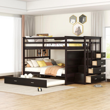 Harper & Bright Designs Full Over Full Bunk Bed with Twin Size Trundle and Stairs, Kids Bunk Beds with Storage Drawers, Wood Full Bunk Beds with Trundle and Guardrail for Kids Teens Adults, Espresso Harper & Bright Designs