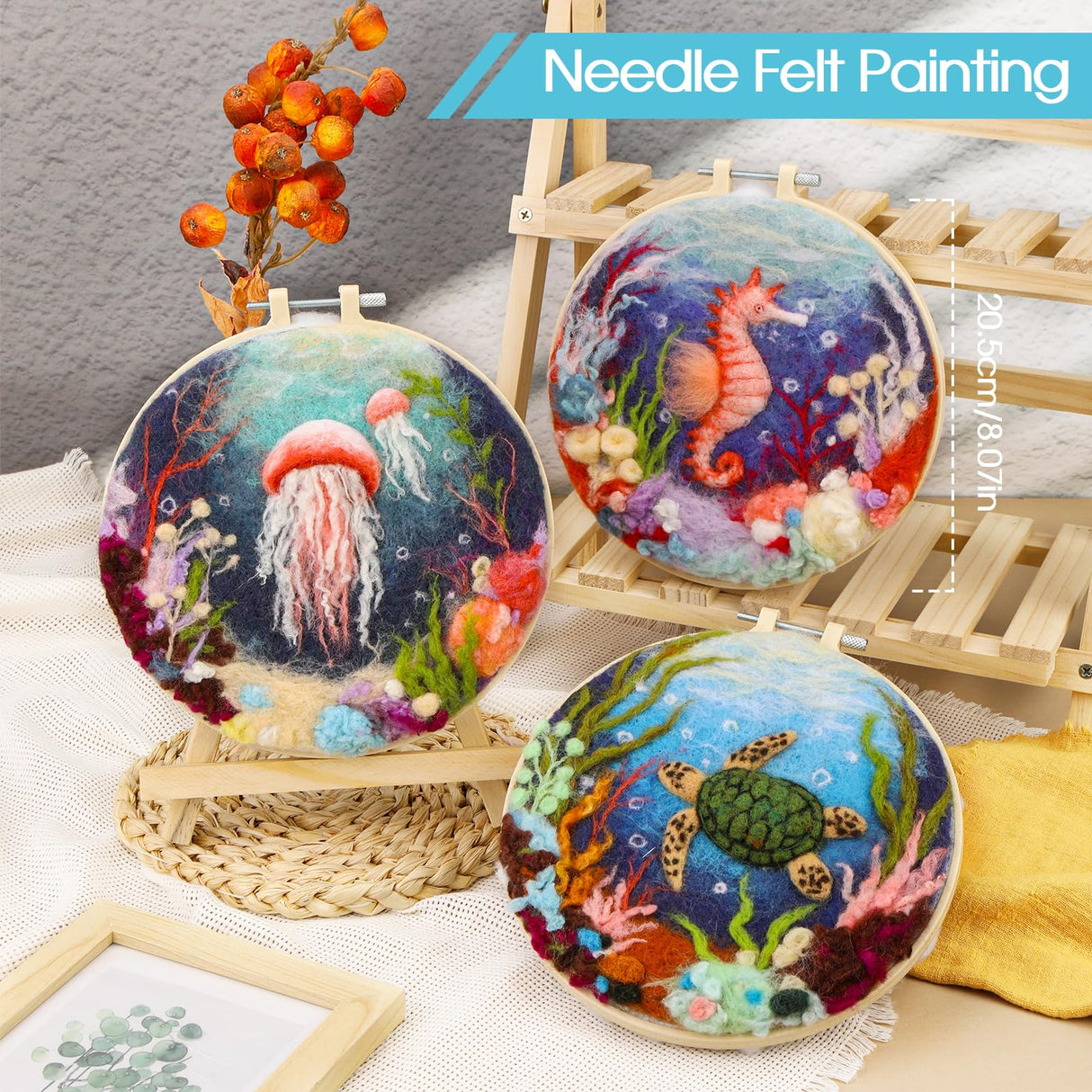 Fedmut Needle Felting Kit, Wool Felting Kit for Beginners Adult with Wool, Needles, Foam Pad, Felt Cloth and Instructions – 4 Set Sea Animals Painting Frame for Great Gift Decoration Fedmut