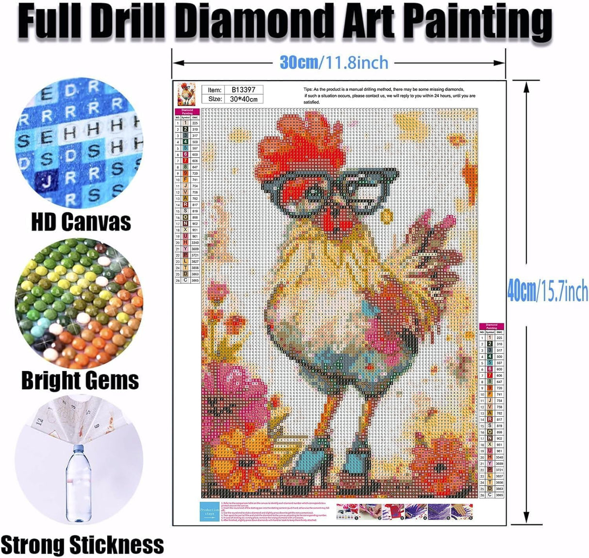Ekuxom Chicken Diamond Art Kits for Adults, Diamond Painting Kits for Adults, Full Drill Round Funny Diamond Painting Chicken Kits Wall Art Decor 12x16inch Ekuxom