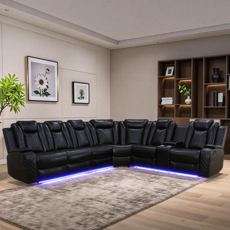 JBXBER Power Recliner Sectional Sofa Set for Living Room, Leather Recliner Sofa Sets, L-Shaped Corner Sectional Couch Sets with LED Lights, Console Storage(Sectional,Black) JBXBER