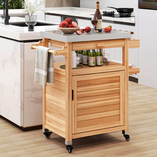 YITAHOME Solid Wood Kitchen Island Cart on Lockable Wheels with Stainless Tabletop, Rolling Portable Kitchen Serving Utility Carts Movable with Storage Cabinet and Drawer for Dining Room, Nat - WoodArtSupply