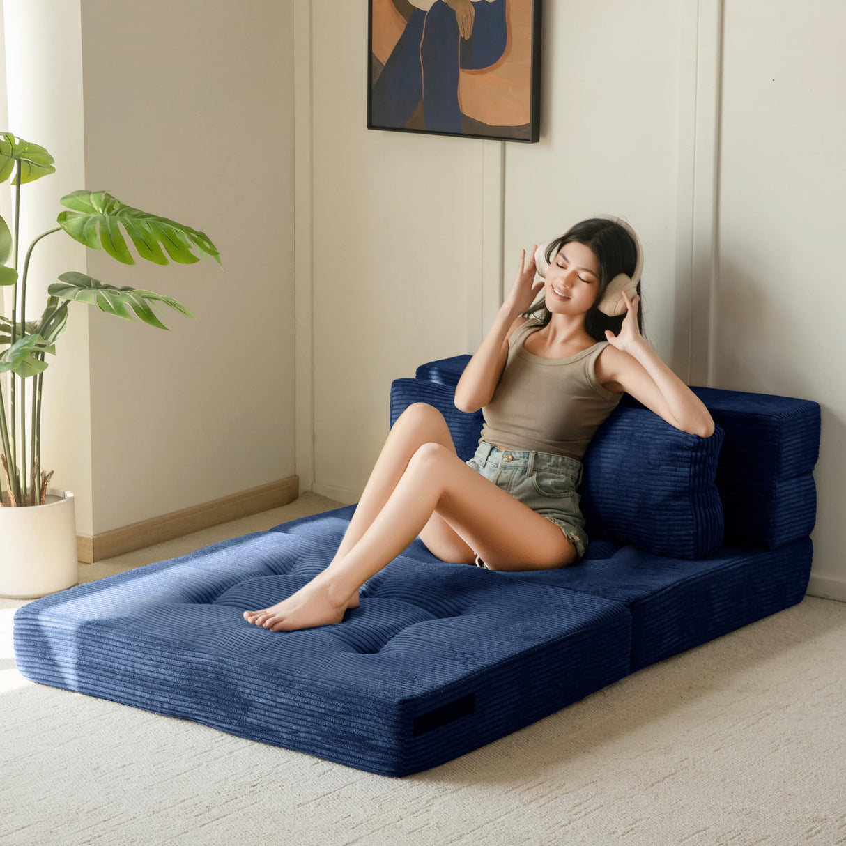 MAXYOYO Convertible Sofa Bed, Fold Out Loveseat Sleeper Sofa with Pillow, 4 in 1 Tufted Folding Couch Bed Foam Floor Couch, Lazy Chair for Living Room Bedroom Guest Room, Navy MAXYOYO