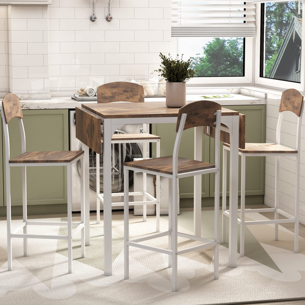 Merax Farmhouse 5-Piece Counter Height Drop Leaf Dining Table Set with Dining Chairs for 4, White Merax