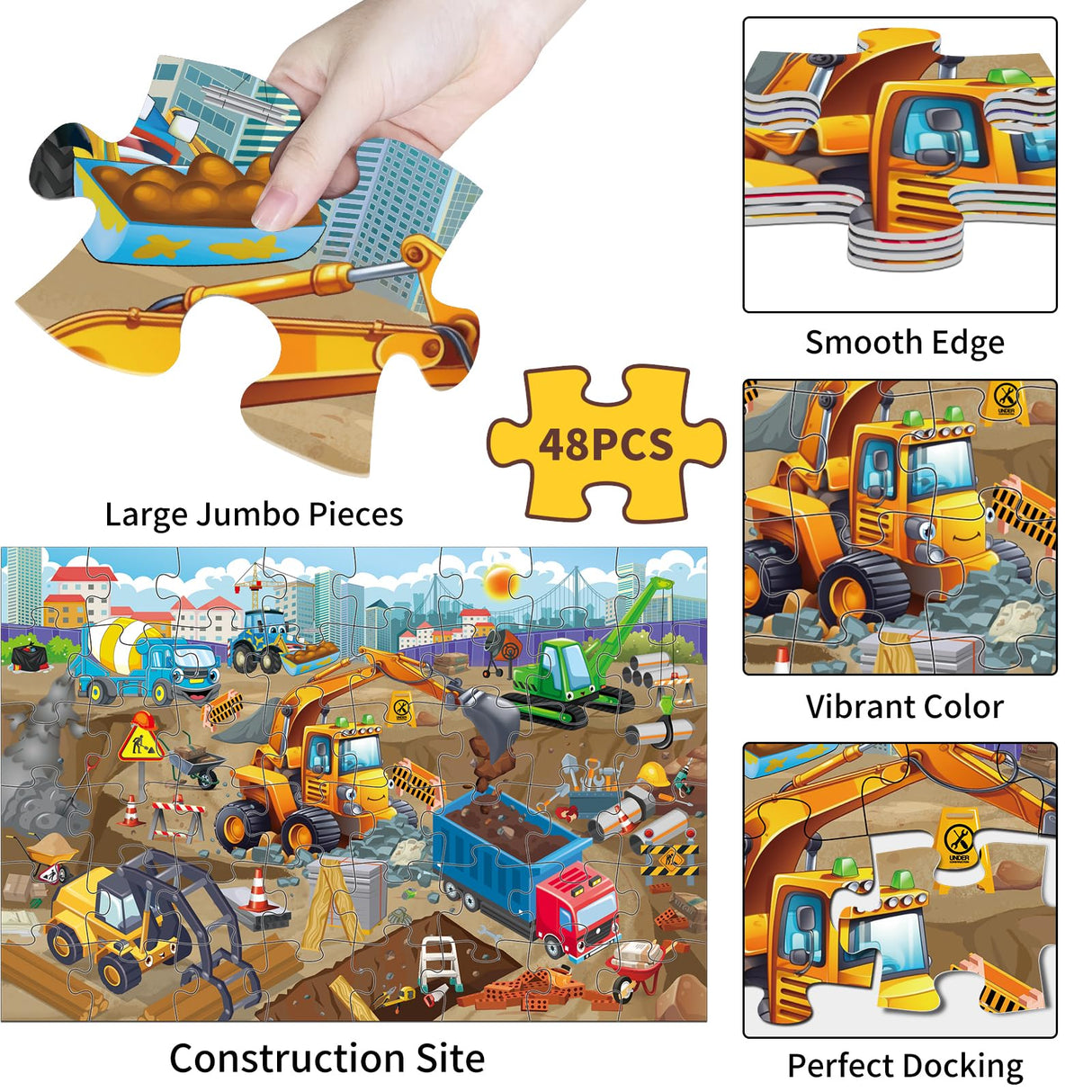 Jadeso 48 Pieces Jumbo Floor Puzzles for Kids ages 3-5, Puzzle for Kid Ages 4-6, Construction Site Jigsaw Large Puzzles, Children Learning Preschool Educational Toys, Great Gift for Kids 4-8 Years Old Jadeso