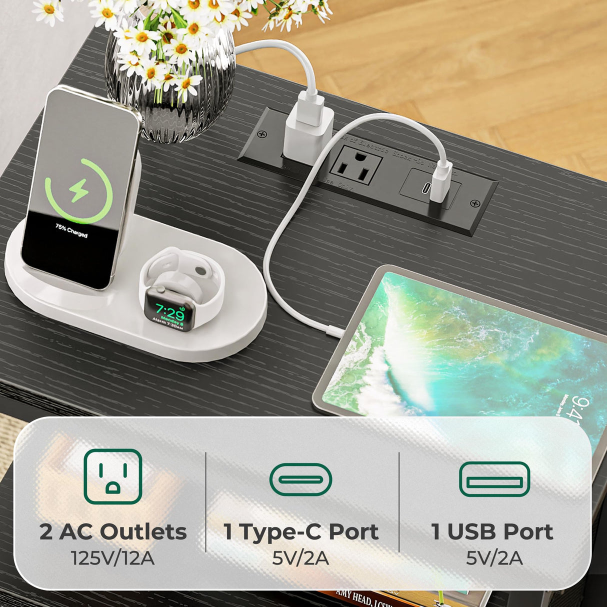 Huuger Nightstand with Charging Station, 27.6 Inch Side Table with Fabric Drawers, End Table Bedside Table with USB Ports and Outlets, Night Stand for Bedroom, Black Huuger