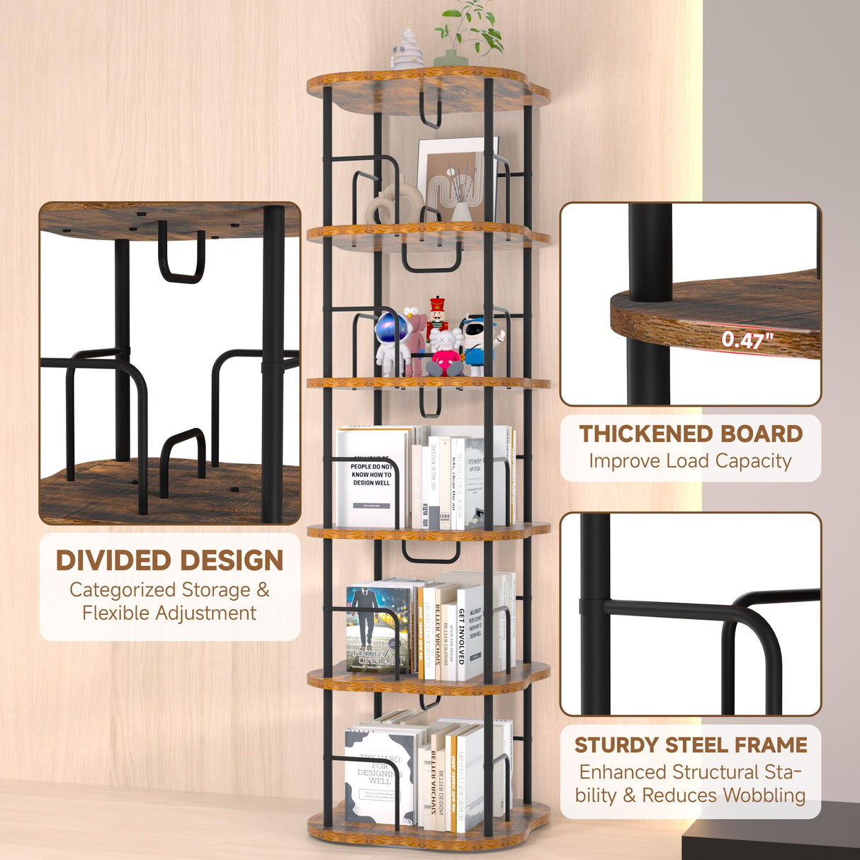 TEROL 5-Tier Rotating Book Shelf, 360° Display Spinning Bookshelf Tower, Book Organizer, Floor Standing Bookcases for Small Space, Corner Book Shelf for Bedroom, Living Room, Study Room (RUSTIC BROWN) TEROL