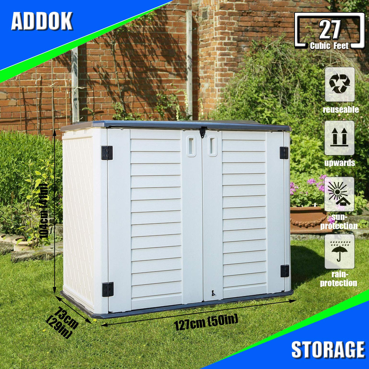 ADDOK Horizontal Storage Shed Weather Resistance, Large Outdoor Storage Cabinet Lockable, Thick HDEP Plastic Storage Unit for Backyards, Patio, Garden(26 Cu.ft/Ivory White) ADDOK