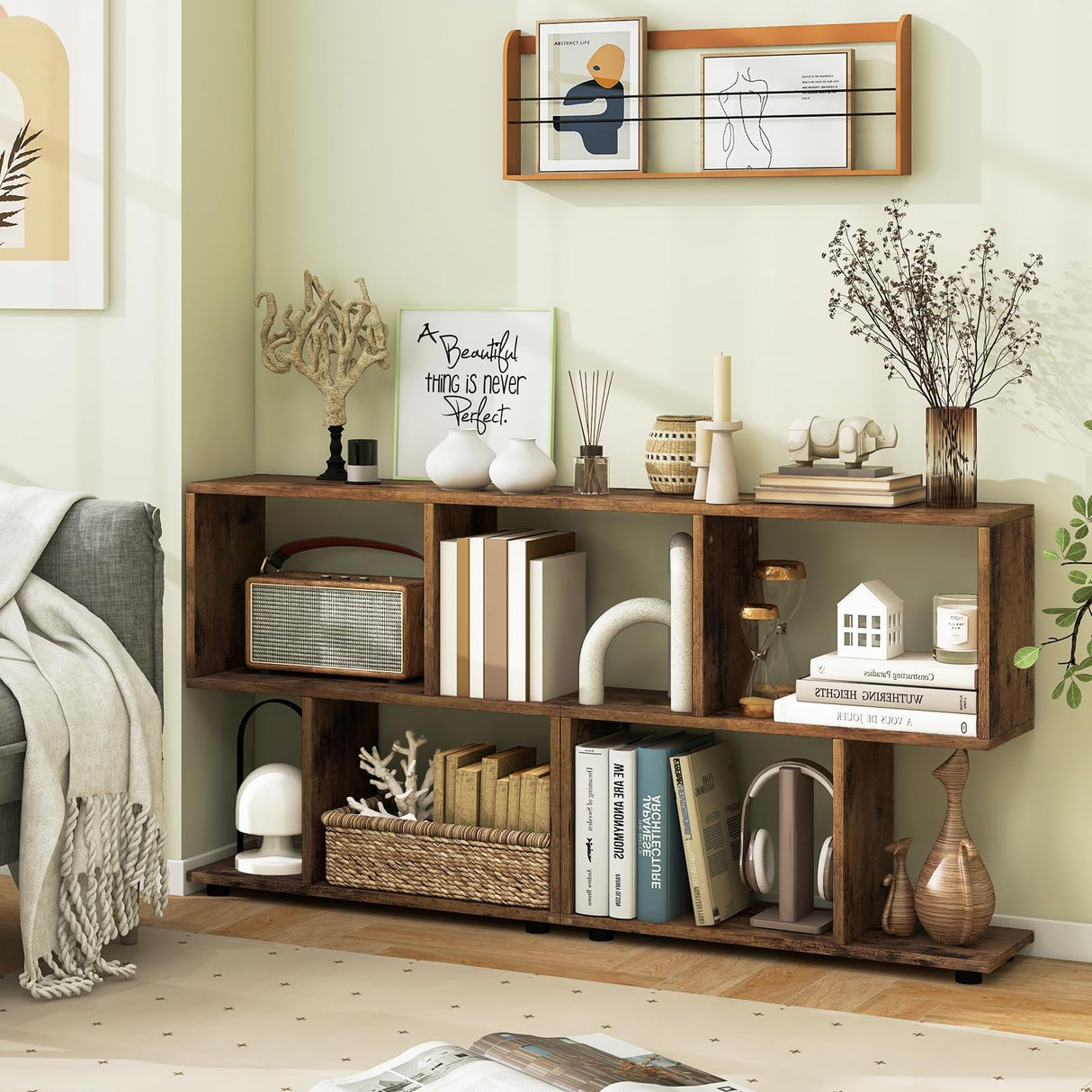 LOKO 3-Tier Geometric Bookshelf, S-Shaped Open Bookcase, Freestanding Decorative Storage Shelving, Home Storage Organizer for Living Room, Bedroom, Home Office (1, Rustic Brown) LOKO