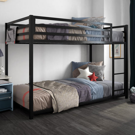 DHP Miles Low Metal Bunk Bed Frame for Kids, With Built-in Ladder, High Guardrail and Metal Slats, Floor Bed Bottom Bunk, No Boxspring Required, For Small Spaces, Twin-Over-Twin, Black DHP