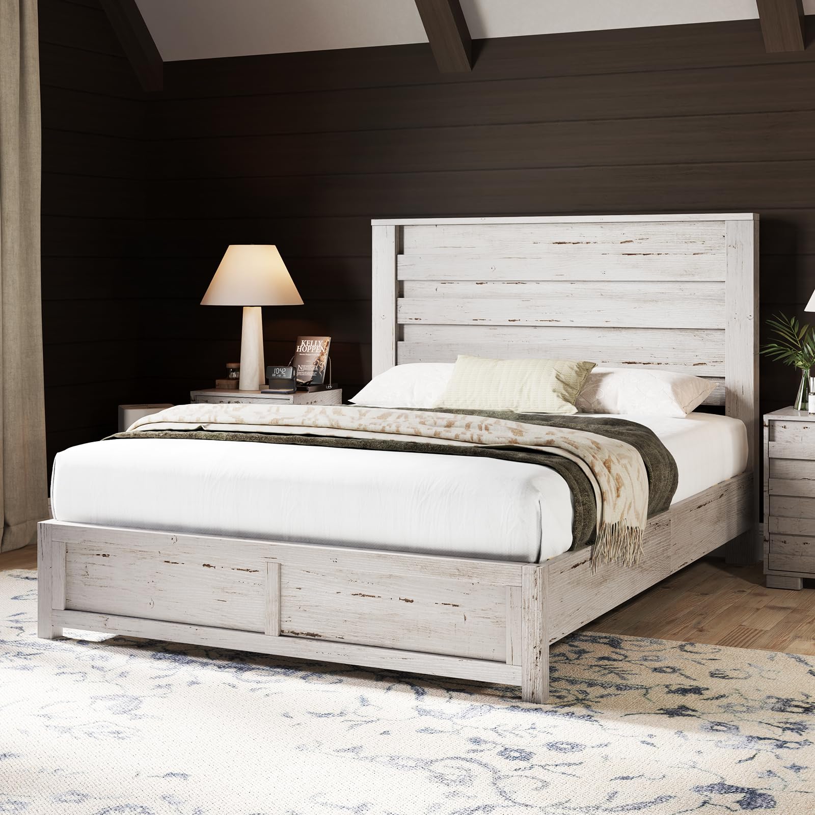 AMERLIFE Distressed White Queen Size Platform Bed Frame with Fluted 49" Headboard - WoodArtSupply