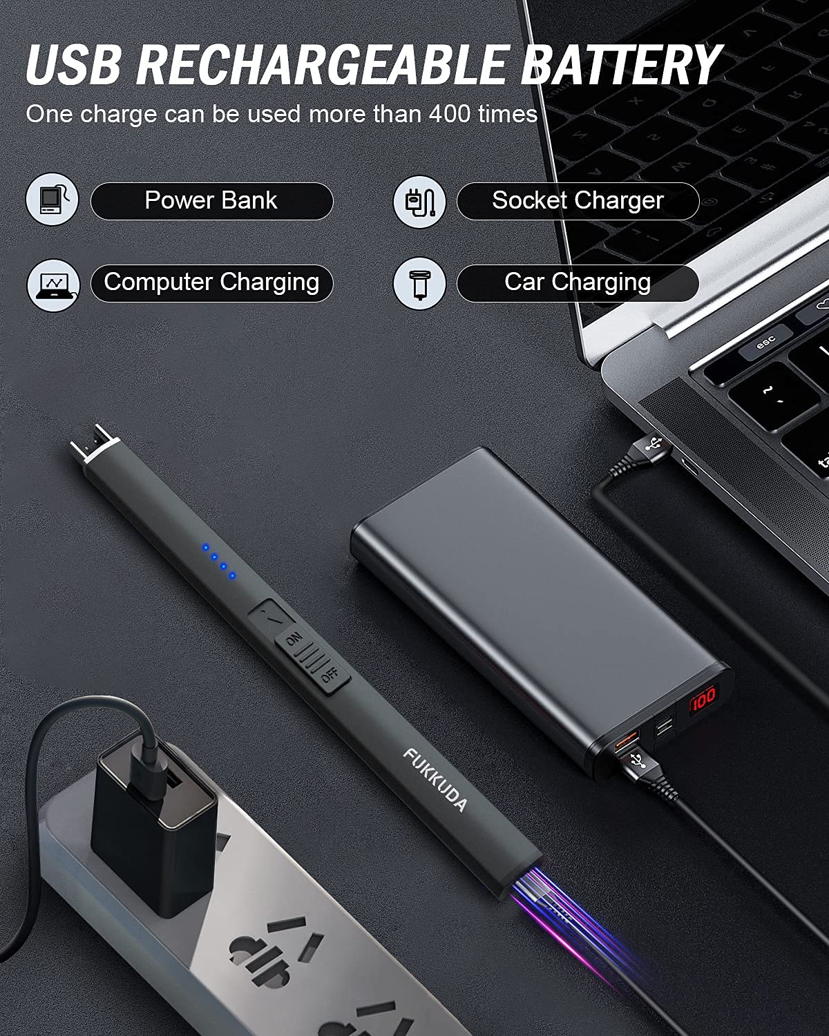 Electric Candle Lighter Rechargeable Lighters - Valentines Day Gifts for Her Him Easter Basket Stuffers Plasma Arc Lighters Windproof & Flameless USB Rechargeable with Safety Switch (Obisidian Black) fukkuda