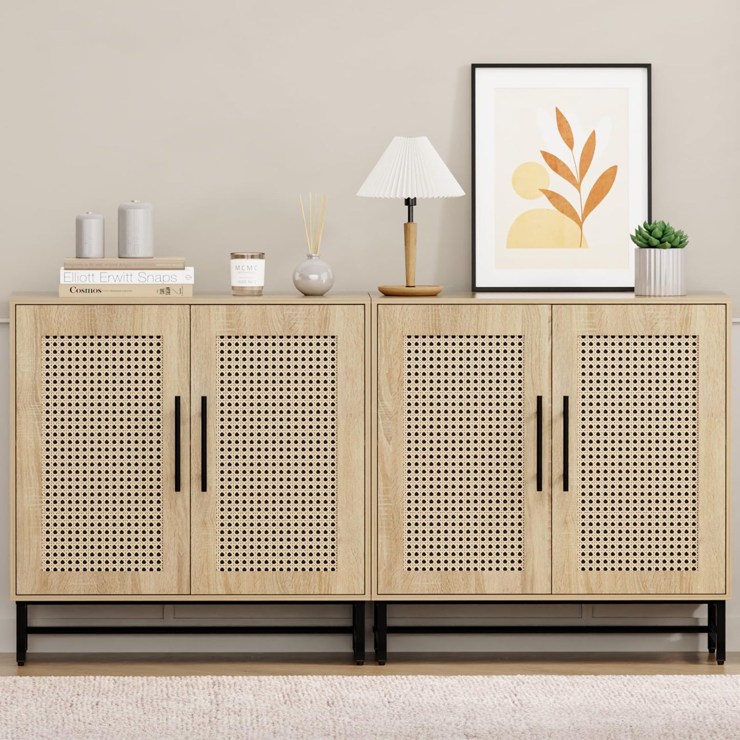 Vrullu Natural Rattan Storage Cabinet, Free Standing Buffet Cabinet, Morden Sideboard and Buffet Storage, Wood Accent Cabinet for Living Room, Hallway, Entryway, Bedroom - WoodArtSupply