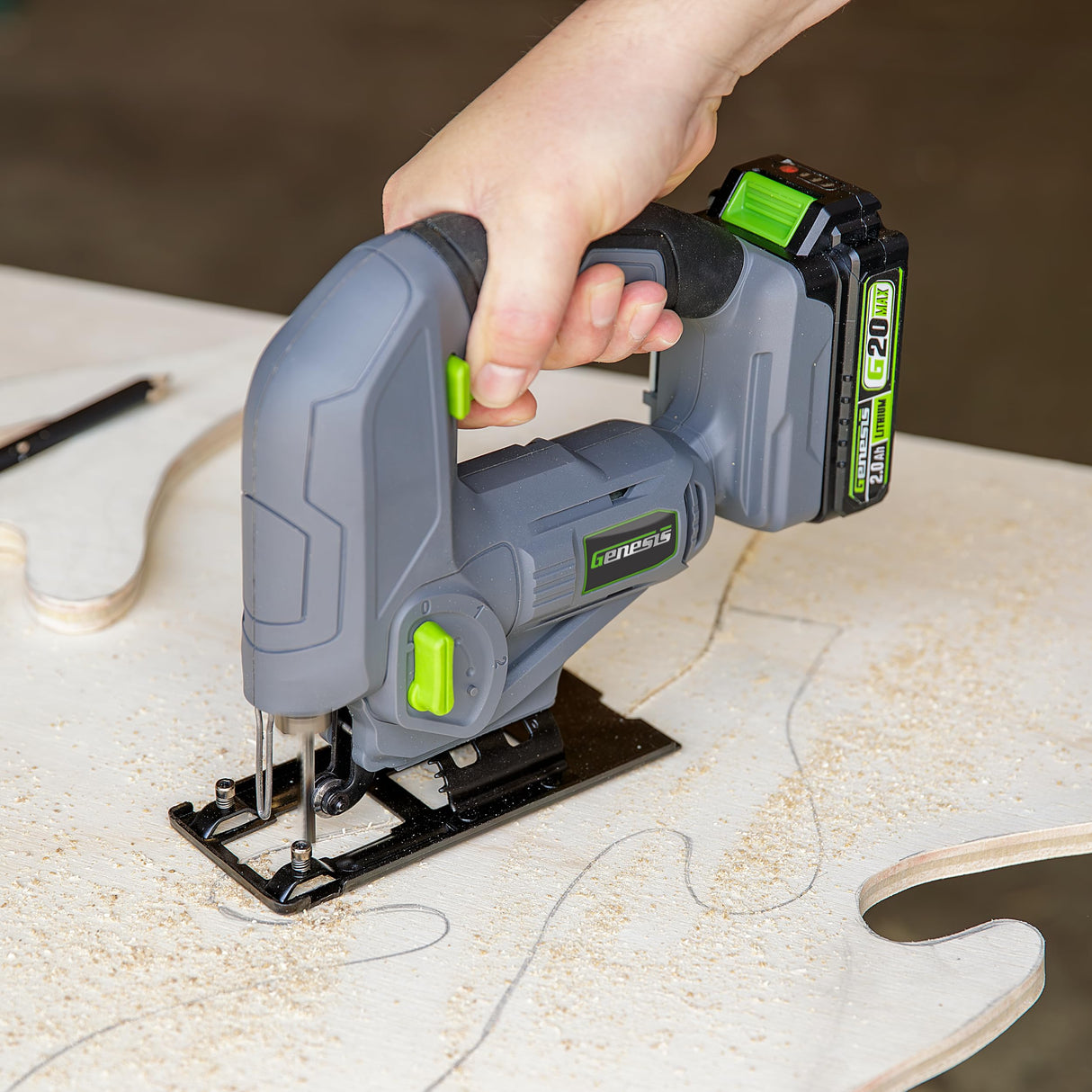GENESIS G20MAX 20V Variable-Speed Jig Saw with 3-Orbital Settings, 2.0Ah Battery and quick charger included, Toolless blade clamp, Bevel Cutting left & right. Genesis