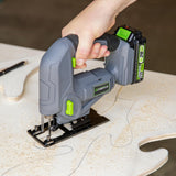 GENESIS G20MAX 20V Variable-Speed Jig Saw with 3-Orbital Settings, 2.0Ah Battery and quick charger included, Toolless blade clamp, Bevel Cutting left & right. Genesis