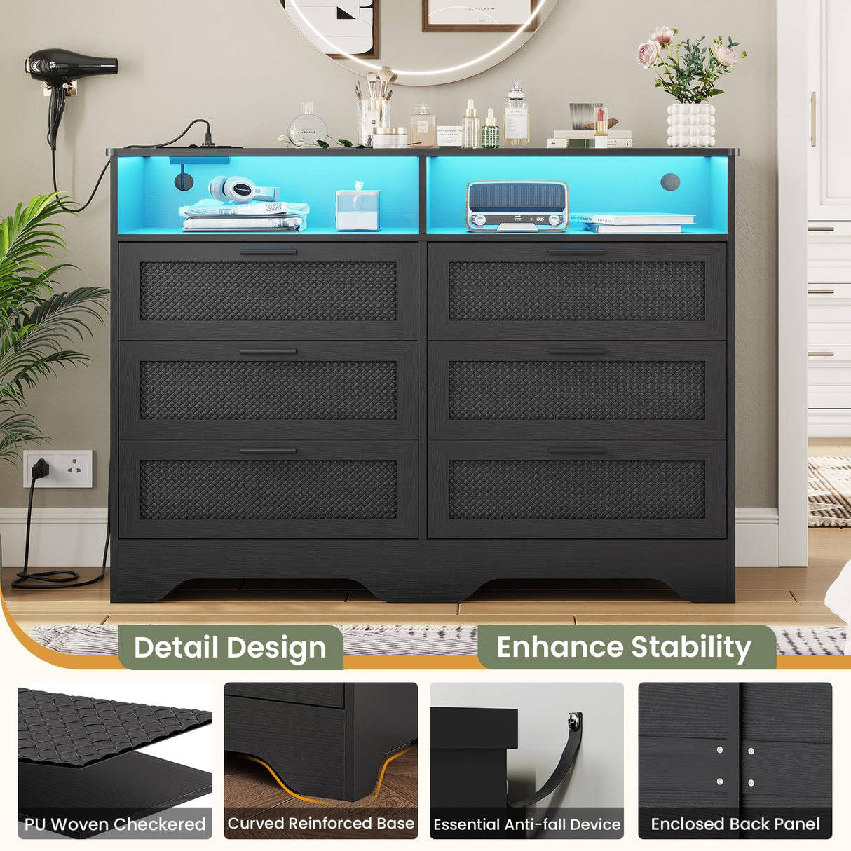 Hasuit Black Dresser for Bedroom with Charging Station, Wooden Large Capacity Storage Chest of Drawers with LED Lights, Modern Wide 6 Drawer Dresser with Woven Leather Design for Bedroom, Living Room Hasuit