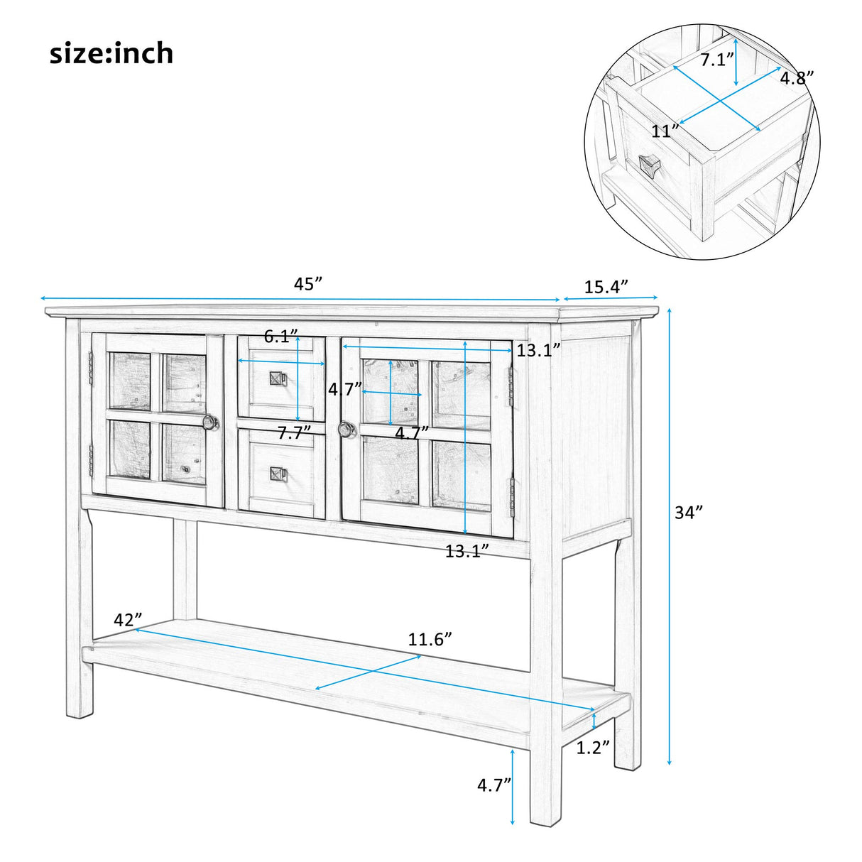 Wood Console Table Sofa Table, 45'' Modern Console Table Sofa Table for Living Room with 2 Drawers, 2 Cabinets and 1 Shelf,Easy to Assemble (Blue) Anwick