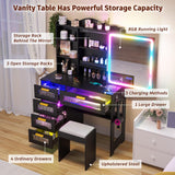 FOMNEY RGB LED Vanity Desk with Mirror and Lights, Makeup Vanity Desk with 3-in-1 Charging Station, Vanity Set with Stools＆Sliding Mirror, Make UP Table with 5 Drawers (Black) FOMNEY