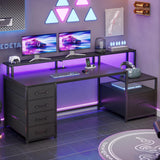 SEDETA Computer Desk with 5 Drawer, Power Outlet & Led Lights, 66'' Home Office Desk with File Drawer, Storage, Monitor Shelf, Gaming Desk, Black SEDETA