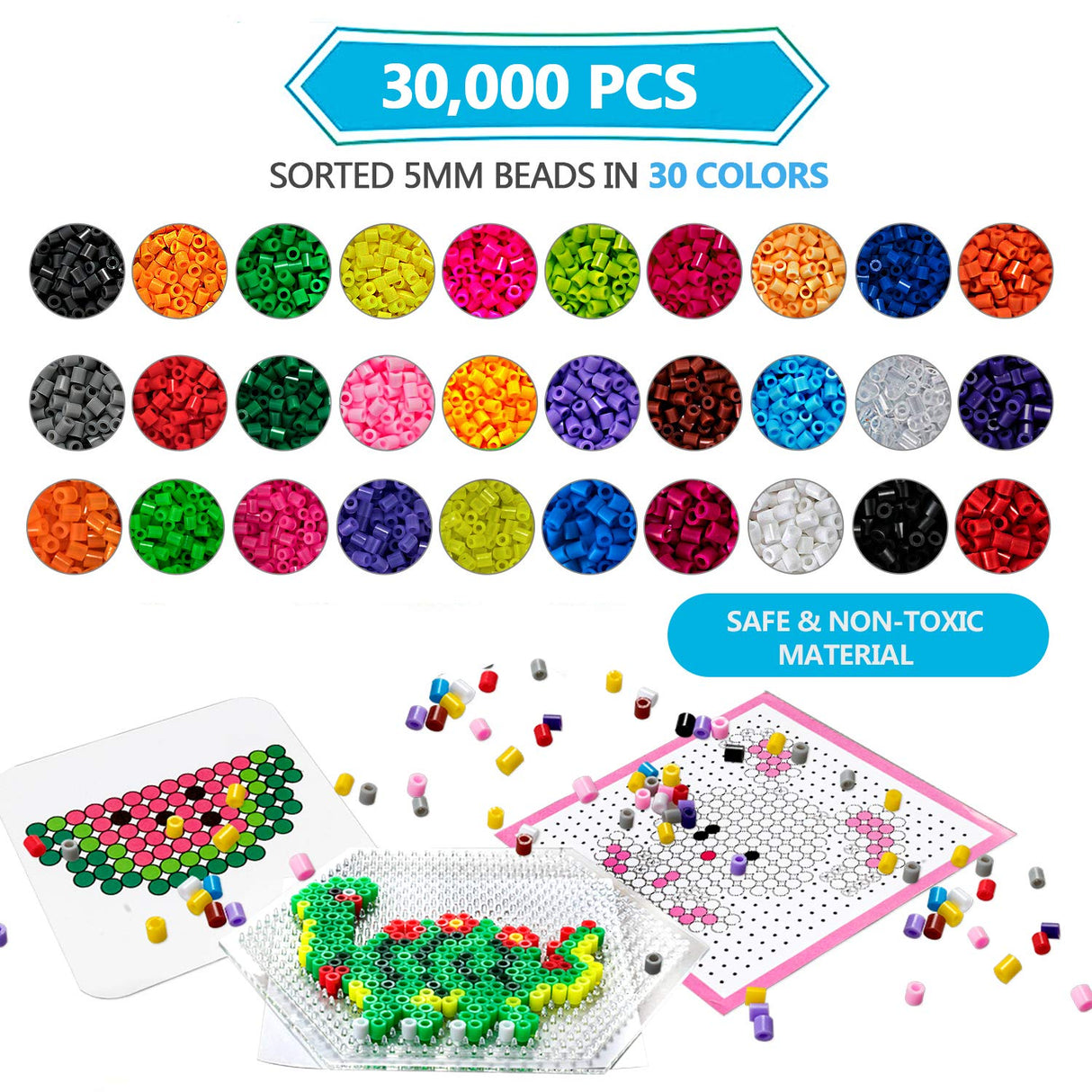 30,000 pcs Fuse Beads Kit 30 Colors 5MM for Kids, Including 10 Ironing Papers,48 Patterns, 7 Clear Pegboards, Tweezers, Perler Beads Compatible Kit HBlife