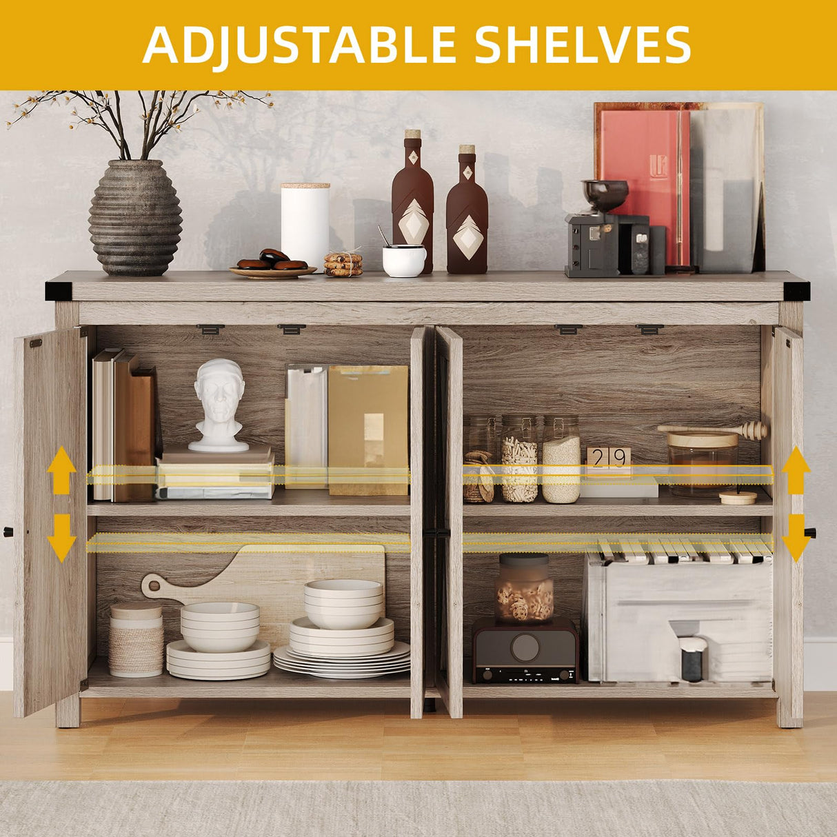 DWVO 55'' Sideboard Buffet Cabinet with Storage, Farmhouse Kitchen Storage Cabinet with Doors, Large Coffee Bar Cabinets with Adjustable Shelves for Kitchen, Living Room, Grey DWVO