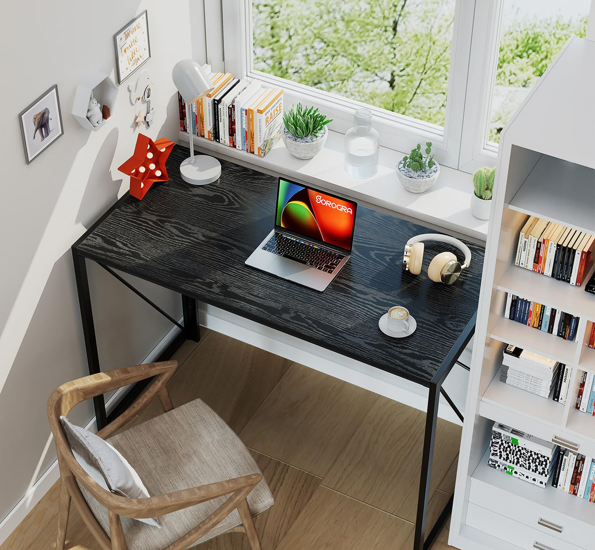 Coavas 39.4 inch Folding Desk No Assembly Required, Writing Computer Desk Space Saving Foldable Table Simple Home Office Desk, Black Wood Coavas