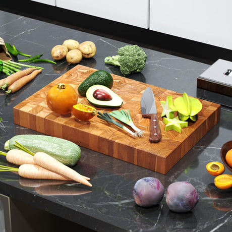 Giantex Teak Wood Cutting Board, 2" Thick End Grain Chopping Block with Hand Grip, 18"x12" Large Reversible Butcher Block, Pre-Conditioned With Natural Waxes & Oils, Carving Board for for Meat Cheese Giantex