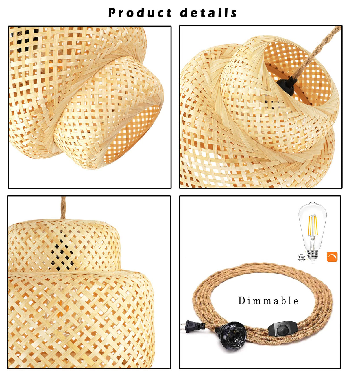 Plug in Pendant Light Rattan Hanging Lights with Plug in Cord Bamboo Hanging Lamp Dimmable,Handmade Woven Boho Wicker Basket Lamp Shade,Plug in Ceiling Light Fixture for Living Room Bedroom Kitchen QIYIZM